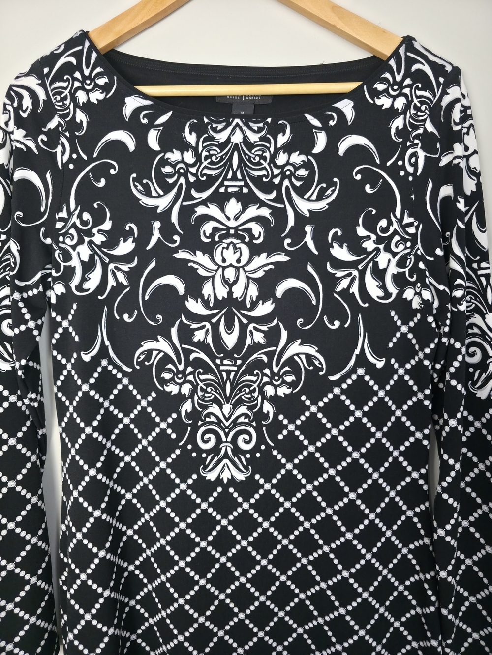 White House Black Market Dress Women Size M Black White Print Stretch 3/4 Sleeve - Picture 6 of 10
